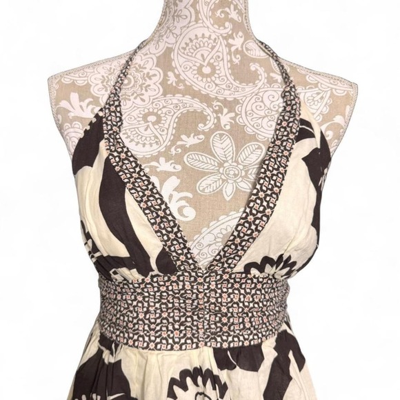 Y2K Floral Halter Dress Brown White Boho Print Summer Party Midi Size 7 - Picture 2 of 8